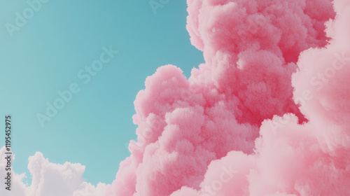 Fluffy pink clouds against bright blue sky create dreamy atmosphere