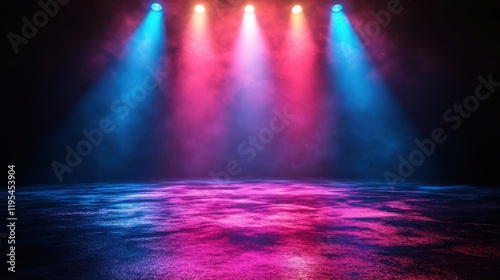 Vibrant Stage with Colorful Lighting Effects and Mist, Perfect for Concerts, Performances, and Event Promotions, Showcasing Dynamic Atmosphere and Energy