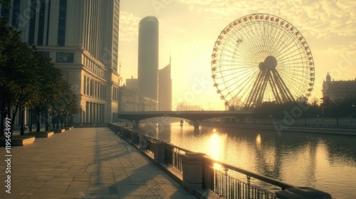 Sunrise Cityscape with Ferris Wheel and River Reflection
