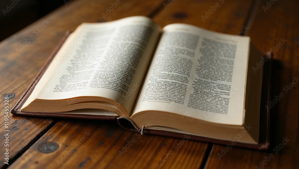 Open book resting on wooden table, showcasing pages filled with text in soft natural light
Open book resting on wooden table, showcasing pages filled with text in soft natural light