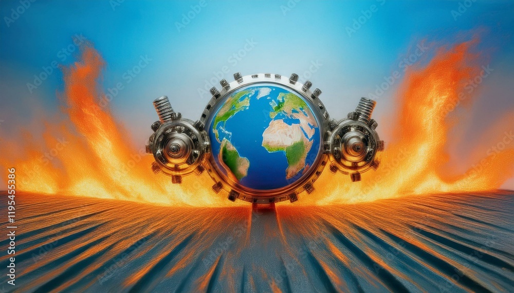 Naklejka premium The painting includes images symbolizing political revolution and change, with a metal machine moving alongside a burning earth ushering in change