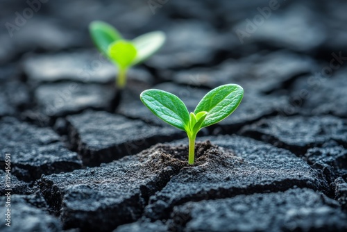 Resilient Greenery Emerging Sprouts on Cracked Earth Texture - Eco-Visuals for Sustainability Campaigns and Environmental Awareness in Contemporary Marketing photo