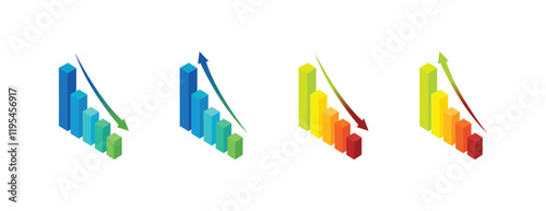 Set of isometric vector illustration isolated on white background, magnifier and chart with up and down arrow, business analytics and financial growth