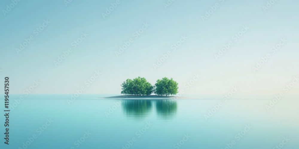 A tranquil island features a cluster of green trees surrounded by still, reflective waters. The scene captures a peaceful morning atmosphere with clear skies
