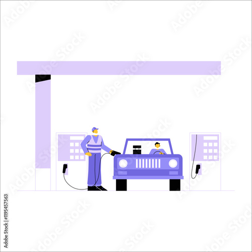 Male Refueling Car At Gas Station In Flat Vector Illustration Symbolizing Energy, Fuel Supply, And Transportation, Isolated On White Background.