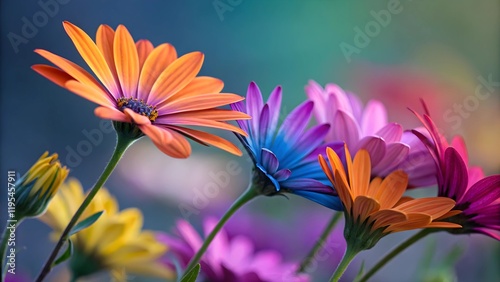 Vibrant Bouquet of Colorful Daisies. A close-up shot of a cluster of colorful daisies in various shades of orange, pink, purple, and blue.