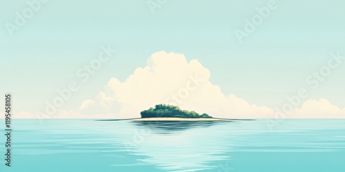 A serene island emerges from calm waters, lush greenery contrasting with a pale blue sky dotted with fluffy clouds. The scene evokes tranquility and solitude photo