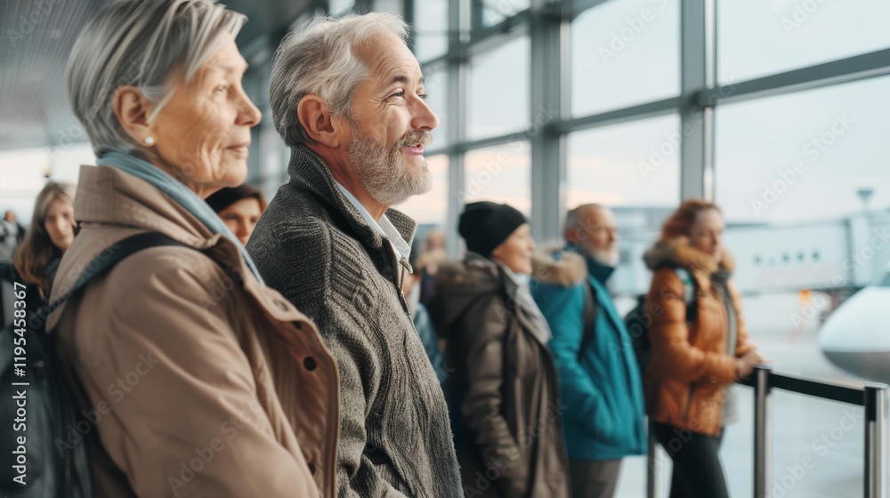 Fototapeta premium Mature Couple at Airport Boarding Gate Ready for Travel Adventure