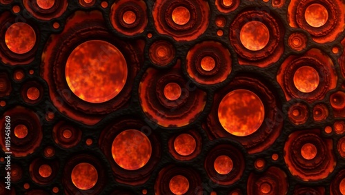 Abstract fiery circular patterns resembling molten lava, ideal for backgrounds, science fiction themes, or volcanic concepts. photo