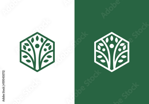 nature logo vector design line art tree and human or person inside circle, abstract tree logo symbol inside hexagon