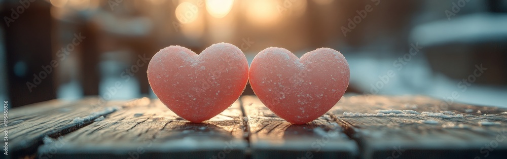 Obraz premium Two red wooden hearts on a rustic white background, symbolizing love and togetherness.