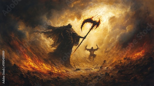 Grim Reaper Figure Dominates Fiery Battlefield Chaos