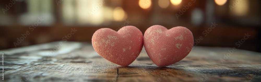 Fototapeta premium Two red wooden hearts on a rustic white background, symbolizing love and togetherness.