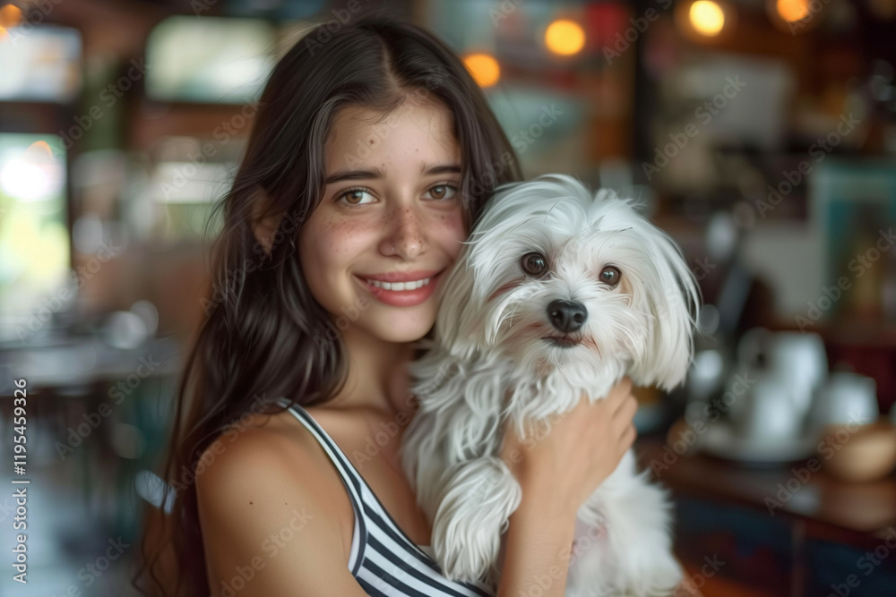 A young woman with long dark hair wearing a striped top, smiling while holding a small white dog in a cozy cafe setting A young woman with long dark hair wearing a striped top, smiling while holding a small white dog in a cozy cafe setting
