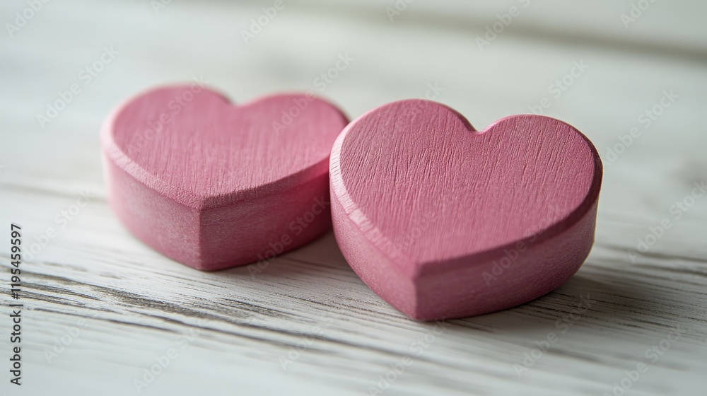 Obraz premium Two red wooden hearts on a rustic white background, symbolizing love and togetherness.