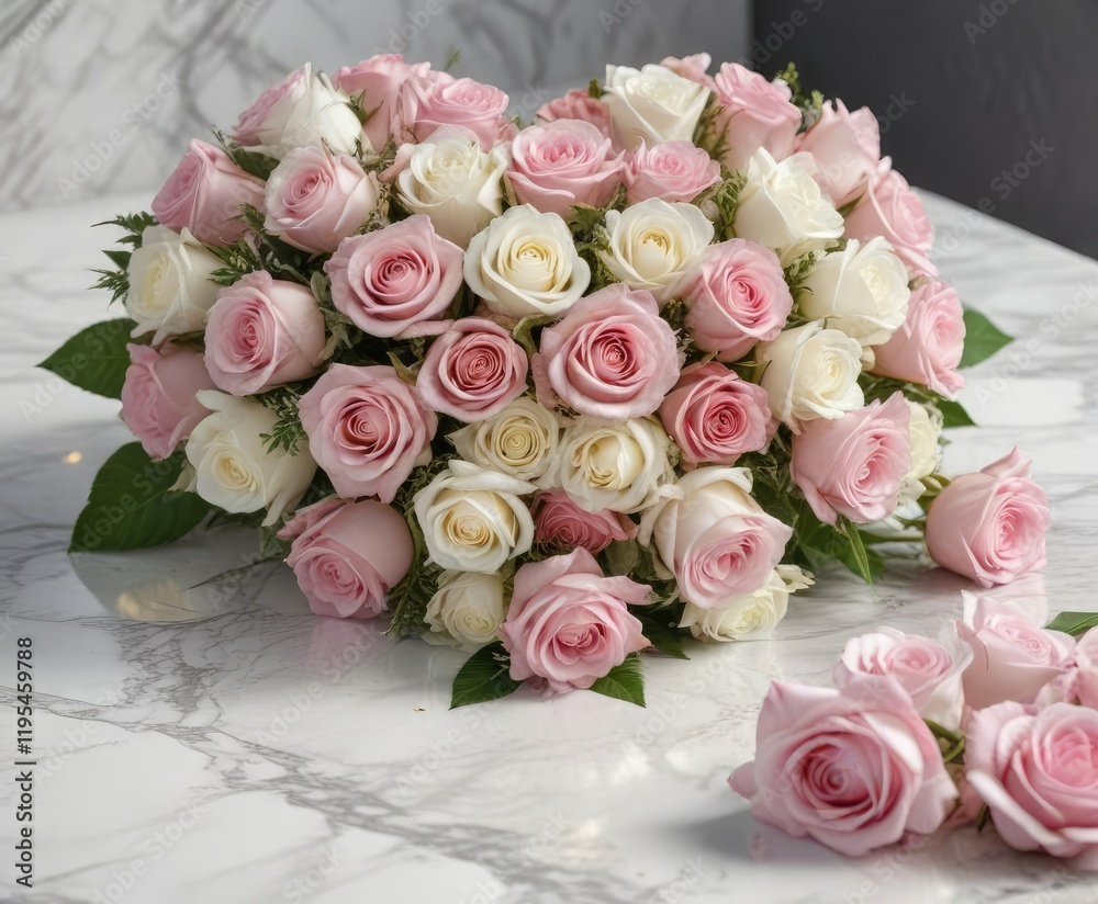 A beautiful bouquet of pink and white roses in the form of a heart, placed on a marble table, love gift, white roses, A beautiful bouquet of pink and white roses in the form of a heart, placed on a marble table, love gift, white roses,