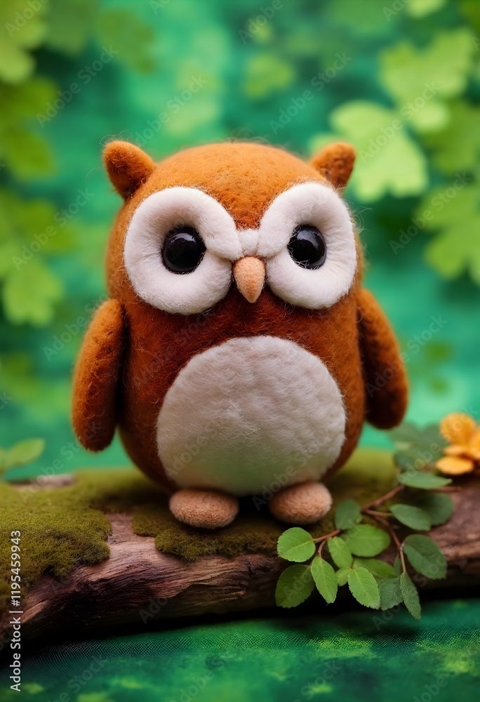 Fototapeta premium Adorable Felt Owl Figurine Nature Scene Toy