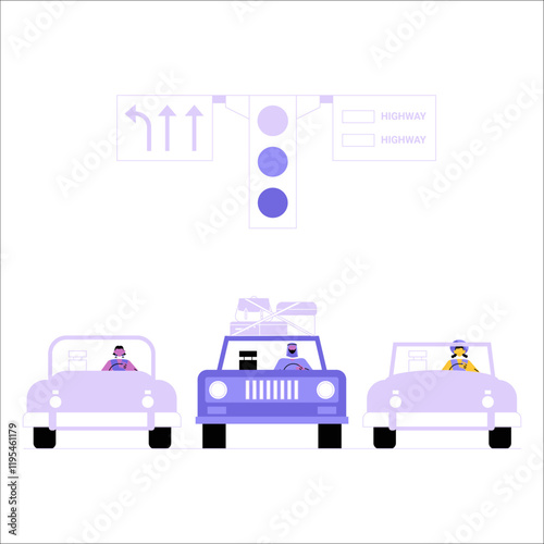 Traffic Light With Cars Waiting In Flat Vector Illustration Symbolizing Traffic Rules, Road Safety, And Urban Transport, Isolated On White Background.