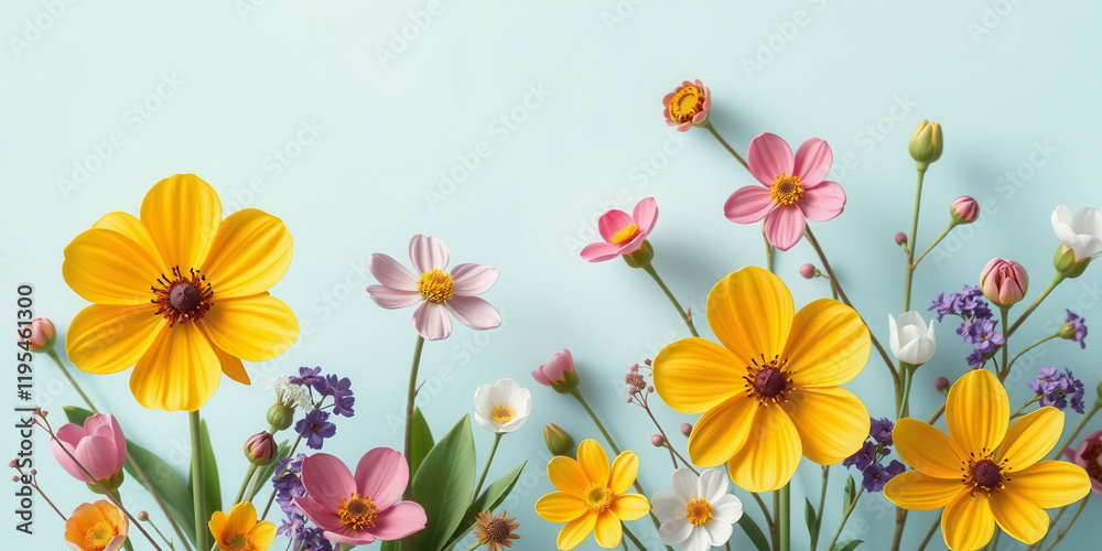 A colorful flower garden with a variety of flowers including daisies, sunflowers, and marigolds A colorful flower garden with a variety of flowers including daisies, sunflowers, and marigolds