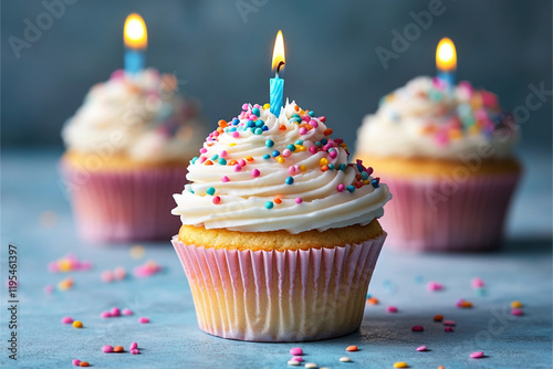 Three Cupcakes with Candles Celebrating a Thirtysomething Birthday Featuring Age Themes and Festive Decor Generative AI photo