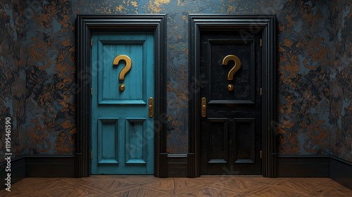 Two mysterious doors with gold question marks, one blue and one black, in a dimly lit vintage hallway with ornate wallpaper.