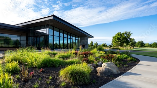 Eco Friendly and Geothermal Powered Cultural Hub Surrounded by Lush Landscaping   Modern glass and steel building nestled in a serene garden setting