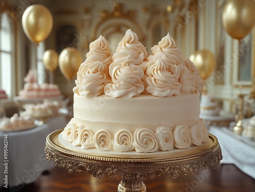 Elegant buttercream cake on gold stand in ornate room. photo