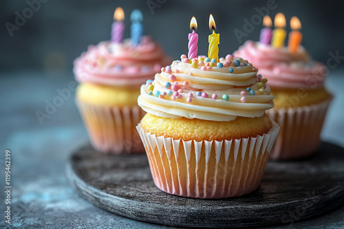 Three Cupcakes with Candles Celebrating a Thirtysomething Birthday Featuring Age Themes and Festive Decor Generative AI photo