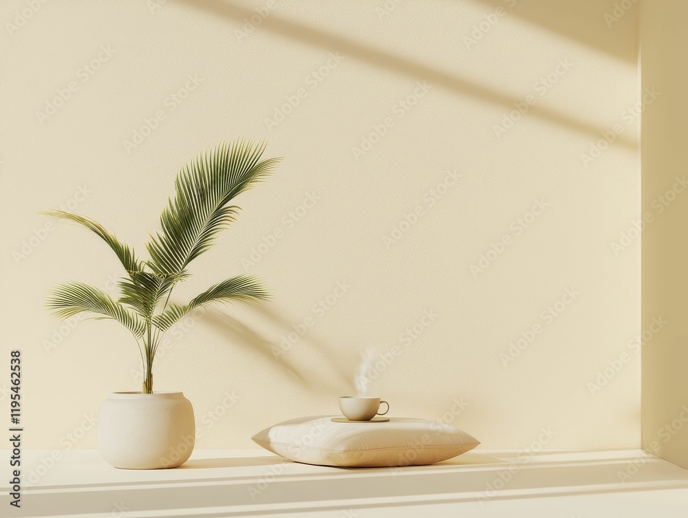 green tea matcha relaxation concept, A serene indoor scene featuring a potted palm plant and a decorative dish on a soft-toned shelf, illuminated by gentle sunlight. green tea matcha relaxation concept, A serene indoor scene featuring a potted palm plant and a decorative dish on a soft-toned shelf, illuminated by gentle sunlight.