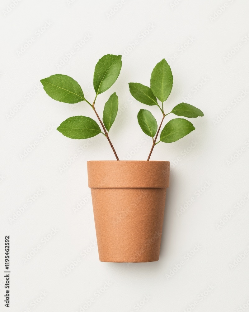 Obraz premium Minimalist Plant in Terracotta Pot Against White Background Modern Botanical Stock Image