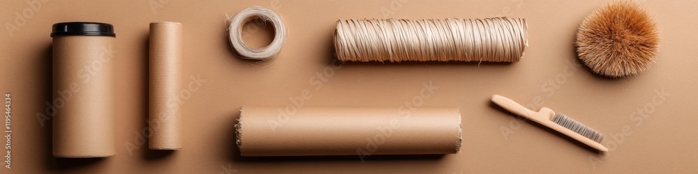 Obraz premium Flat Lay of Upcycled Materials Showcasing Sustainable DIY Crafts on Neutral Background