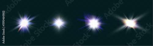 Set of glowing light effects with lens flares, starbursts, and radiant beams on a transparent background. Bright, luminous elements suitable for overlays and decoration.