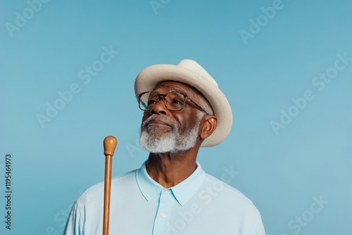 Serene Moment Elderly Man with Cane Embracing Mindfulness in Sky Blue Backdrop photo