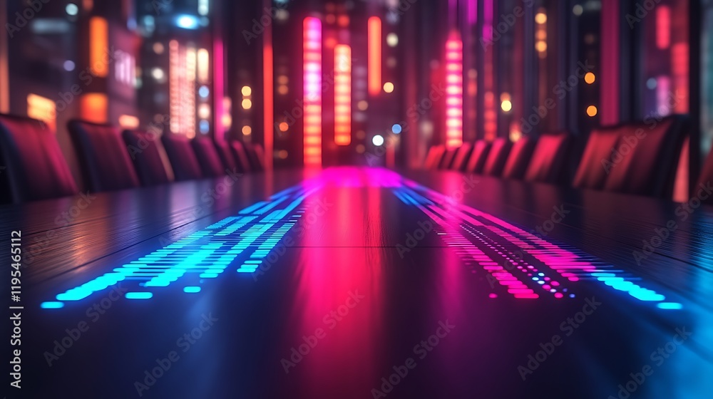 Futuristic conference table with neon lights reflecting data streams. Futuristic conference table with neon lights reflecting data streams.
