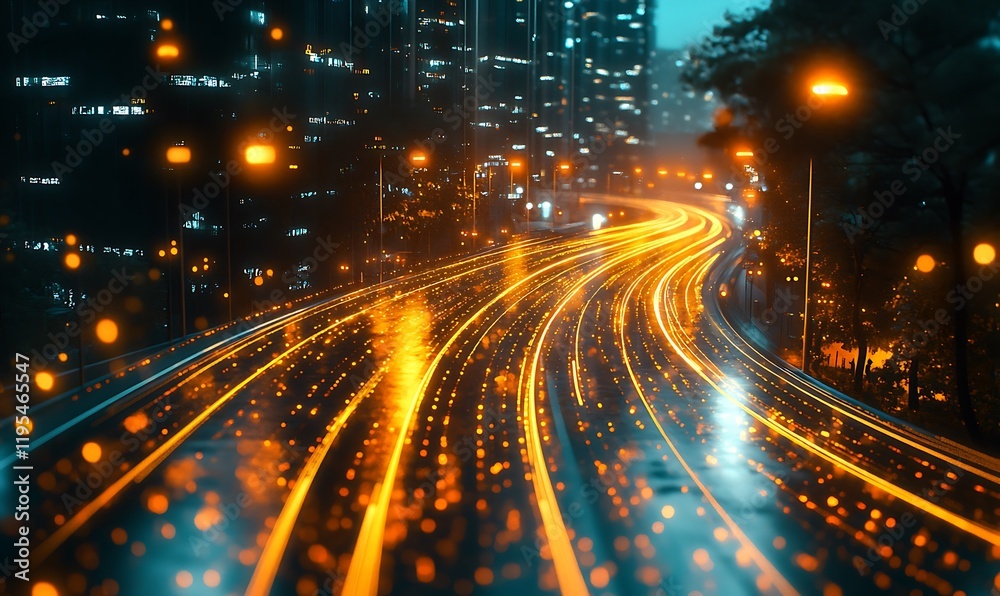 A blend of urban skyline and glowing light trails wrapping around the city A blend of urban skyline and glowing light trails wrapping around the city