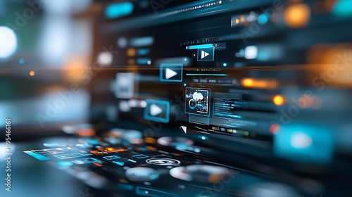 Futuristic and innovative cloud based video editing hub interface with glowing and vibrant media icons showcasing a digital creative workspace of the future