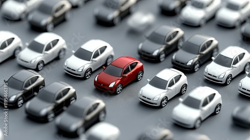 A vast array of gray vehicles fills the view, with one striking red car boldly standing out photo