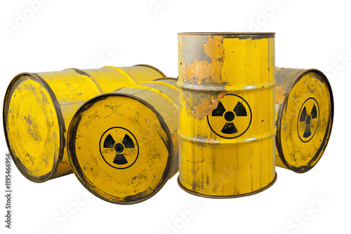 Barrel with radioactive waste. Nuclear warning sign. Rusty dangerous barrel with radionuclide, hazardous toxins on isolated background photo