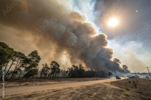 A dense bank of smoke billows across the sky, obscuring the sun and casting a gloomy shadow on the earth below, ominous, pollution, cloud photo