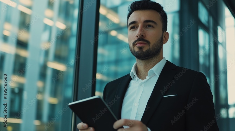 Fototapeta premium Businessman using tablet near office window