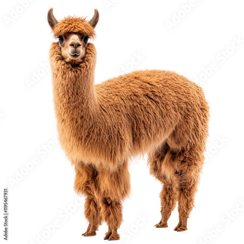 Whimsical close-up of a playful alpaca in a bright farmyard setting on a transparent background photo