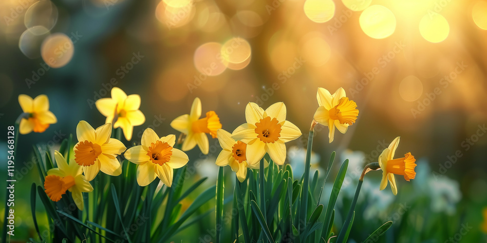 Fototapeta premium A serene scene of vibrant yellow daffodils flourishing in the golden light of spring, creating a peaceful and enchanting natural landscape