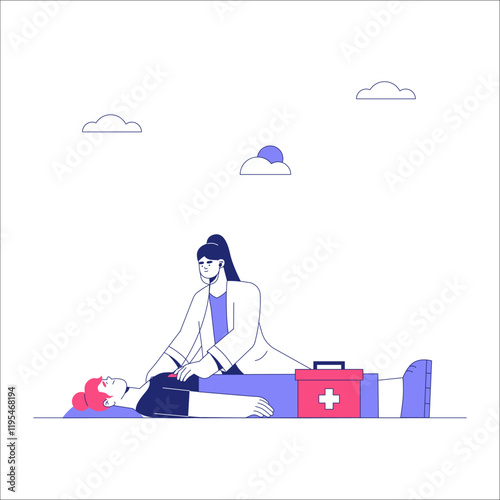 Female Doctor Performing CPR On Patient Outdoors In Flat Vector Illustration Symbolizing Emergency Response And Life Saving Care, Isolated On White Background