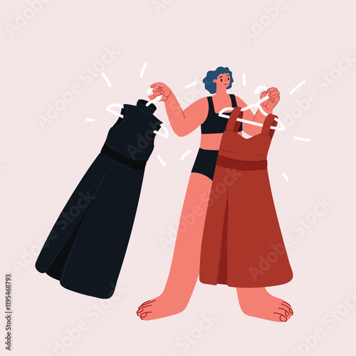 Cartoon vector illustration of a woman choosing which dress to wear