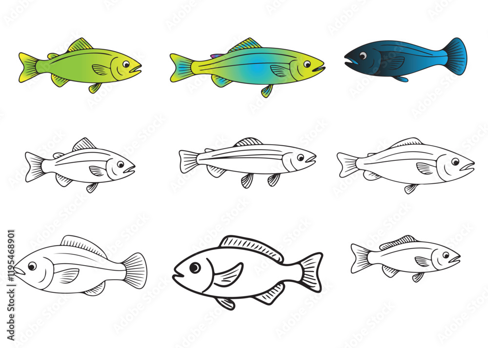 Obraz premium set of fish, Isolated cute sea fish. Set of freshwater aquarium cartoon fish for print, children development. 