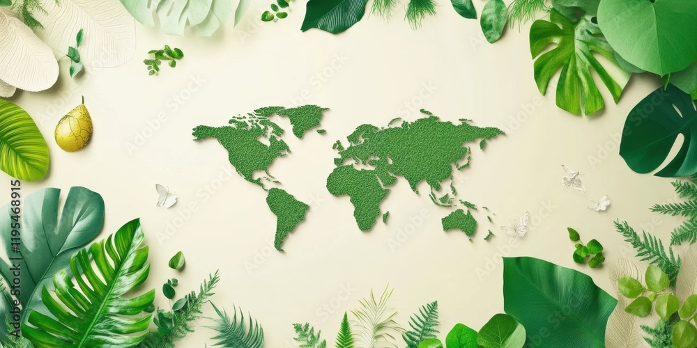 Obraz premium A world map crafted from green materials is framed by various leafy plants and foliage, emphasizing themes of nature and environmental awareness