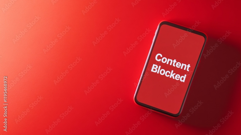 Dramatic Smartphone Close-Up with Content Blocked Message in Red and White Light Dramatic Smartphone Close-Up with Content Blocked Message in Red and White Light