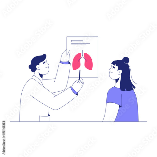 Doctor Explaining Lung Health To Female Patient In Flat Vector Illustration Symbolizing Healthcare, Medical Consultation, And Pulmonary Care, Isolated On White Background.