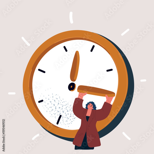 Cartoon vector illustration of a woman holding a clock hand symbolizing time management