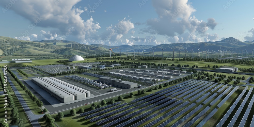 Aerial view of a renewable energy facility featuring solar panels and wind turbines. Aerial view of a renewable energy facility featuring solar panels and wind turbines.